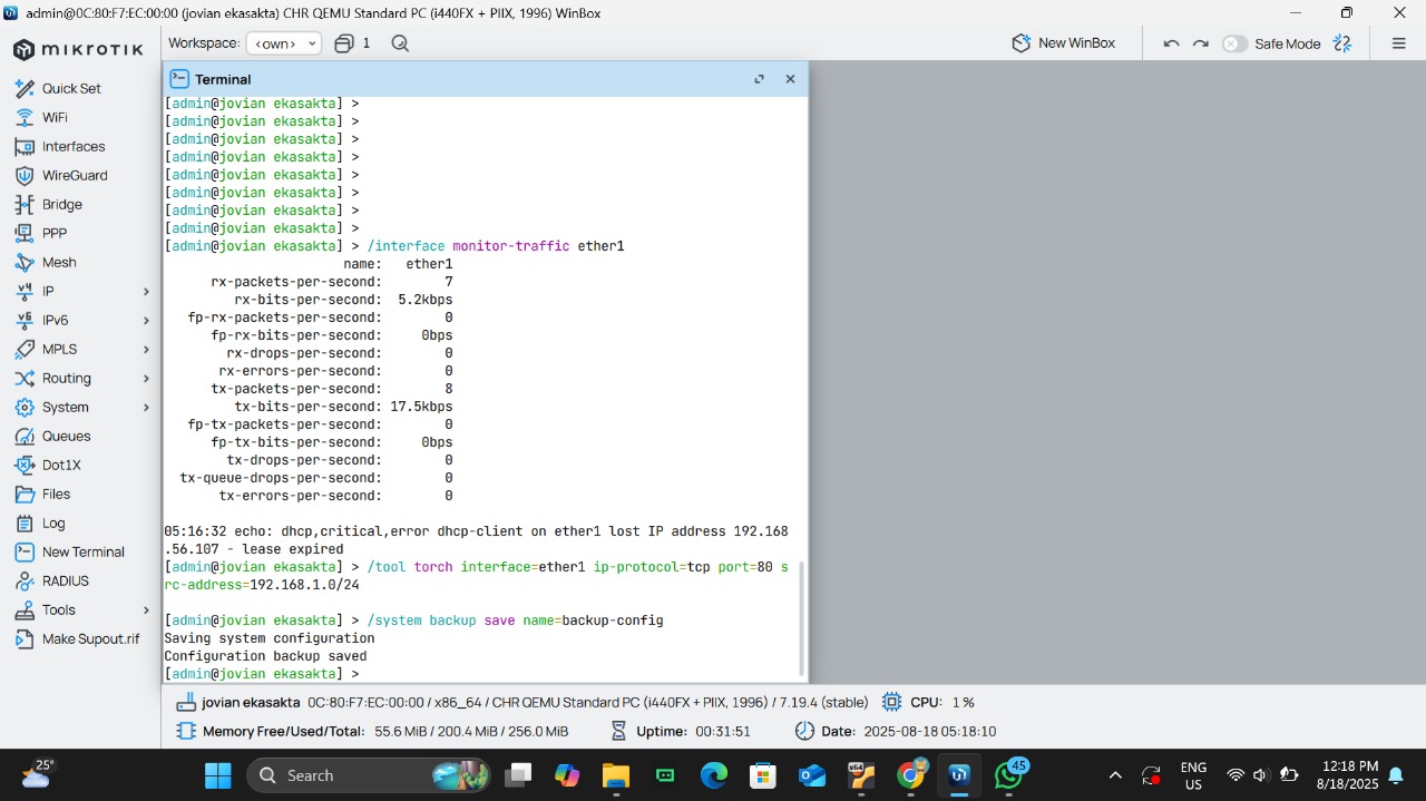 Perintah 'monitor-traffic' aktif di terminal untuk memantau data pada antarmuka.